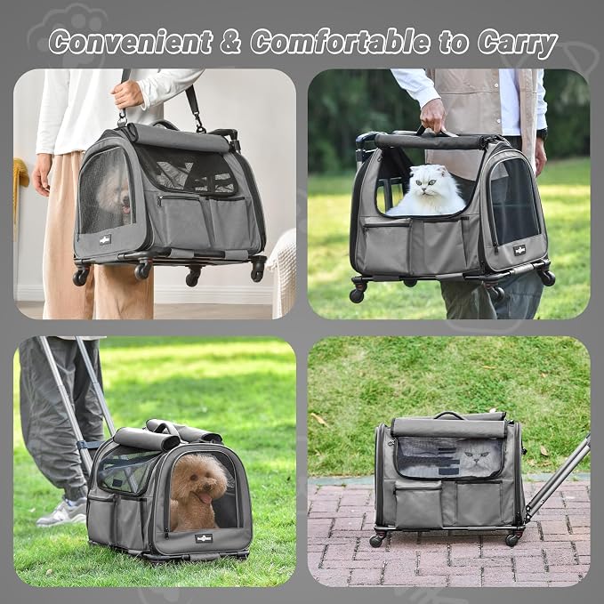 Large Pet Carrier with Wheels, Foldable Rolling Dog Carrier with Big Pocket, Cat Rolling Bag 21"x13"x13" for 2 Cats &Dogs, for Travel, Outdoor, Vet Visits, Camping, Indoor. Gray. (Not for Airline) - Image 7