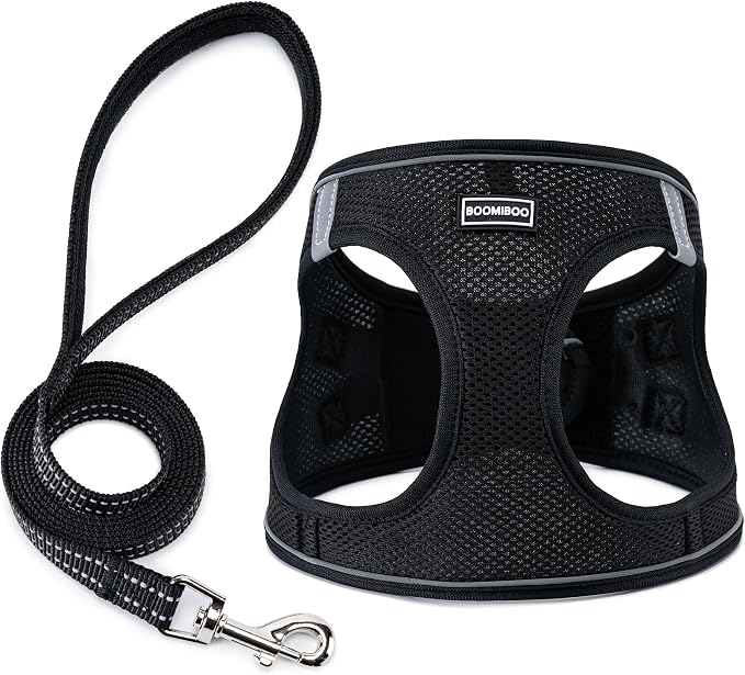 Dog Harness with Leash Set, Step-in Adjustable Puppy Pet Vest, Black XL | Lightweight Breathable Air Mesh, Night Safety Reflective, No Pull Puppy Vest Harnesses for Small Medium Large Dogs, Cats by BOOMIBOO