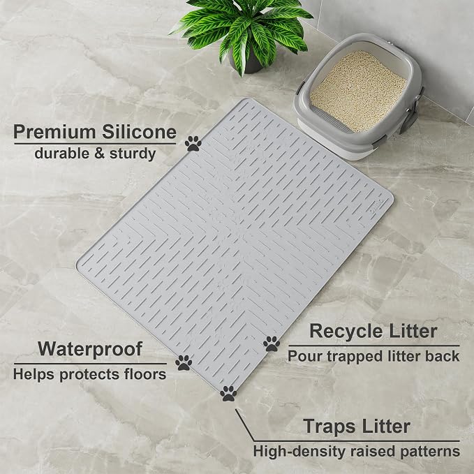 Large Cat Litter Mat, 31.5x23.6 Silicone Trapping Mat Ash Grey | for Kitty Litter Box, Easy Clean, BPA Free Rubber, Center Litter Collection, Easy Pour-Back, Waterproof, Odor-Resistant - Image 2