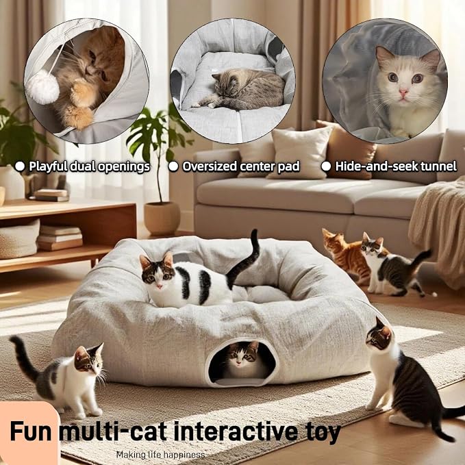 XxingSheep 4 Cave Premium Hemp Fabric XL Cat Tunnel Bed for Indoor Cats Cat Toys Cave Donut with Soft Mat - Image 2