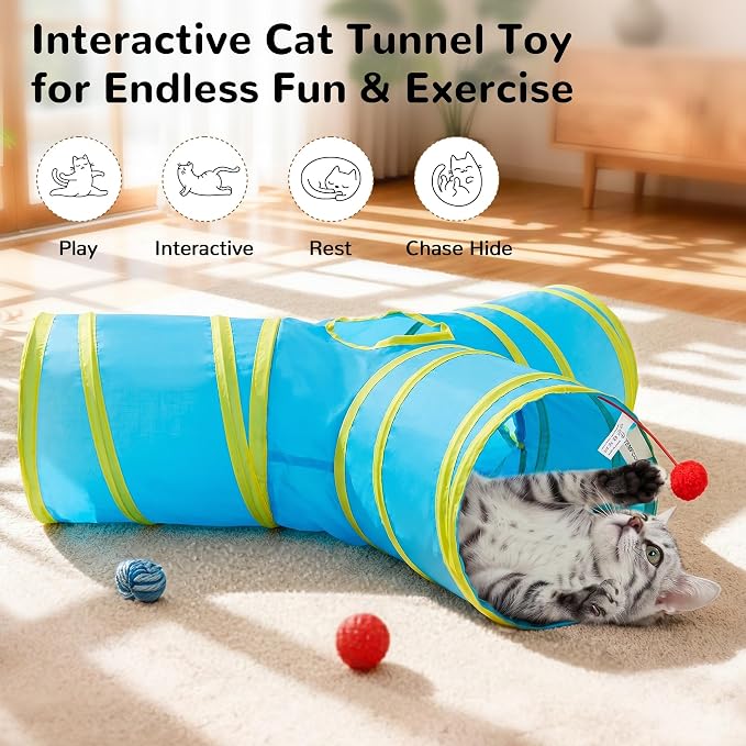 Tempcore Cat Tunnel for Indoor Cats, 3 Way Collapsible Pet Play Tunnel with Teaser Wand, Peek Holes & Hanging Ball, Interactive Tube for Kittens & Rabbits, Blue & Yellow - Image 3