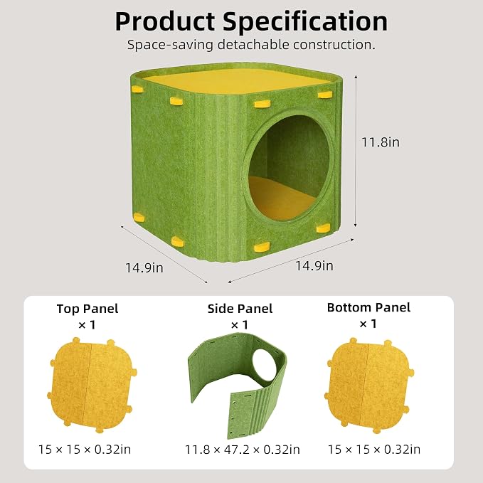 Cat House for Indoor Cats, Thick Felt Cat Bed, Scratch Resistant | Sturdy Cat Bed Cave, 2-in-1 Cat Condo, Cozy Felt Covered Cats Tunnel, 14.9 Inch Kitten Hideaway for Multicats, Up to 22Lbs - Image 9