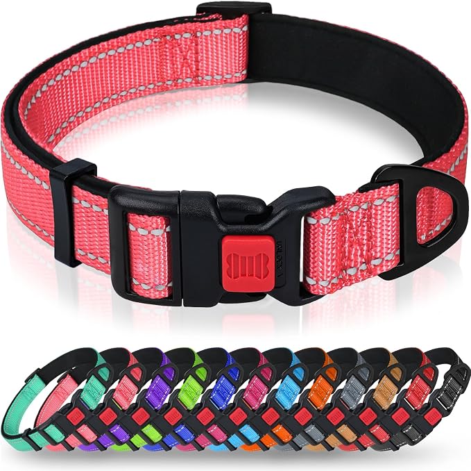 Taglory Reflective Dog Collar for Large Dogs, Soft Neoprene Padded with Escape-Proof Locking Buckle, Upgraded Zinc Alloy Ring, Adjustable for Pitbull Labrador Retriever, Pink,L by Taglory