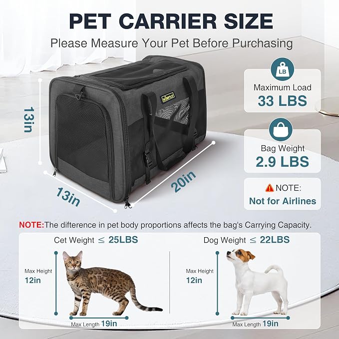 Cat Carrier 20"x13"x13", Foldable Soft-Sided Travel Pet Bag | Designed for cats and small pets with sturdy frame support, breathable mesh and seat belt compatibility for safe car travel. - Image 3
