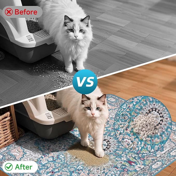 Cat Litter Mat, Reusable Kitty Litter Trapping Mat 2 PCs, 36"x36" Washable Litter Mats for Cats, Waterproof & Non-Slip Compatible with Cat Box (Lake Blue Medallion, 36"x36"(2 PCS)) - Image 3