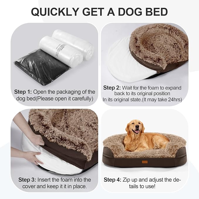 iweepet Fluffy Orthopedic Dog Beds for Large & Extra Large Dogs, 44" Dog Sofa Bed with Supportive 28D Egg-Crate Foam, Removable Washable Cover, Waterproof Lining, for Puppy,Senior,Sick,Brown - Image 7