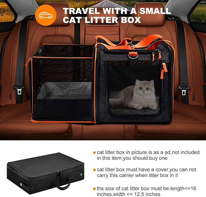 pidipiti 20x14x14 Expandable Large car Carrier for 1 Large /2 Medium Cats | pet Crate for Short Trip or Long road Travel,with zipper lock,pockets,good Visibility,leakproof. - Image 4