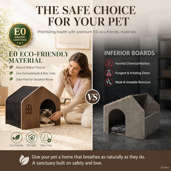 Modern Wooden Indoor Cat House - E0 Grade Enclosed Cat Cave Bed | Eco‑friendly non‑toxic washable cushion, walnut finish matches home decor, fits cats up to 20 lbs, easy assembly - Image 2