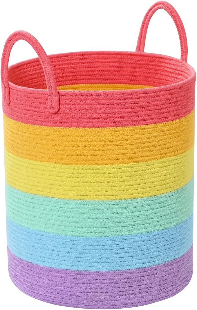 Laundry Hamper for Organizing, 52L Large Laundry Baskets, Cotton Rope Woven Blanket Basket, Collapsible Laundry Hamper for Living Room, Nursery, 15"×18", Rainbow by Degeyoyo