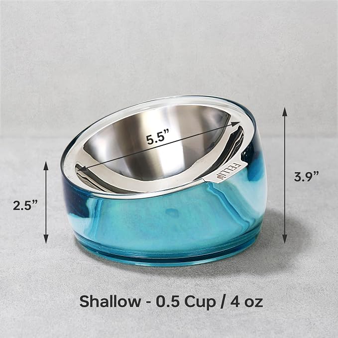 Felli Pet Oblik Whisker Fatigue Cat Food Bowl Raised Stainless Steel Shallow Dish, Pet Design Anti Vomit Tilted Metal Plate Feeder Elevated Acrylic Base(Sapphire, 0.5 Cups Shallow Dish) - Image 7