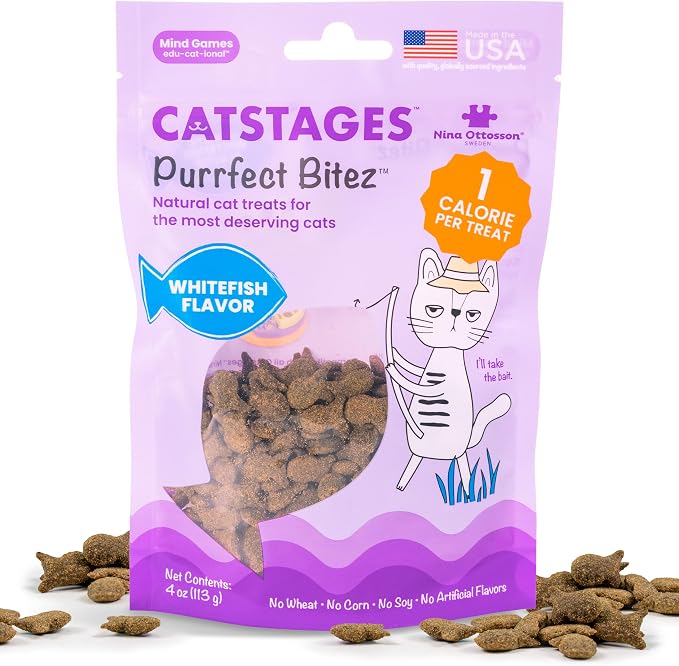 Catstages by Nina Ottosson Purrfect Bitez Natural Crunchy Cat Treats for Puzzles, Toys, Feeders, & Training, USA-Made, Real Whitefish Flavor, 4oz by Catstages