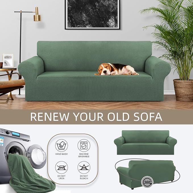 KEKUOU Stretch Couch Covers for Sofa, 3 Cushion Slipcover,Greyish Green | 1-Piece Washable Sofa Cover Pet Friendly(78"-94") Furniture Protector Soft Jacquard, Elastic Bottom for Dogs & Kids - Image 3