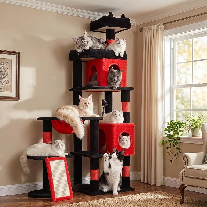 Gothic Cat Tree, 68 Inches Heavy Duty Cat Tower for Indoor Cat | Cat Tower with 2 Condos, Sisal Scratching Posts, Plush Platform & Hammock, Extra Stable Big Cat Furniture, Black Red by LIKISAK