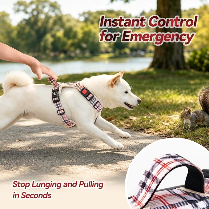 PoyPet Plaid Dog Harness Small, No Pull Vest with Front Clip & Neck Buckle | Padded Handle, Reflective, No Choke, Lockable, 2 Leash Rings, Full Adjustable, for Training Walking, S, Checkered Beige - Image 6