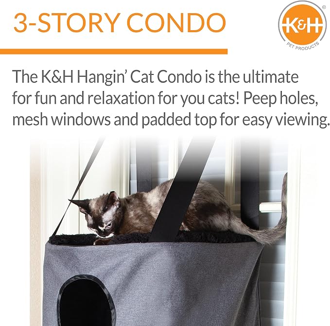 K&H Door Cat Tree, Hangin Condo 3 Level Mounted - Gray, Fits Doors <80in H | Cat Furniture, Space Saving, Mesh Level, Peep Holes, Interconnecting Levels, Collapsible, Tool-Free Assembly, Gray - Image 3