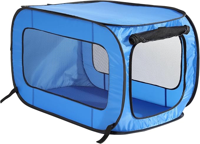 Portable Collapsible Pop Up Kennel, 32.5"L x 19.5"W x 19.5"H, Blue | Collapsible indoor/outdoor travel cat and dog crate with mesh screen windows pops up and folds flat for easy storage by BeatriceHomeFashions