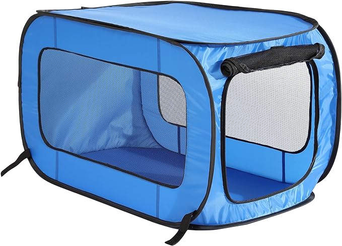 Portable Collapsible Pop Up Kennel, 24"L x 16.6"W x 16"H, Blue | Collapsible indoor/outdoor travel cat and dog crate with mesh screen windows pops up and folds flat for easy storage by BeatriceHomeFashions
