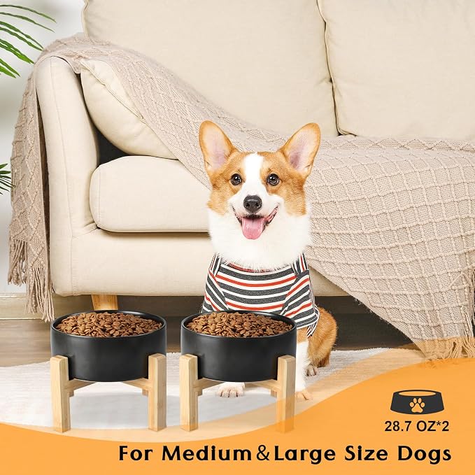SPUNKYJUNKY Ceramic Elevated Dog Bowls 2 Pack - 6.1inch Raised Dog Bowls with Non-Slip Wooden Stand for Medium Dogs Dishwasher Safe(Black,28.7OZ*2) - Image 7