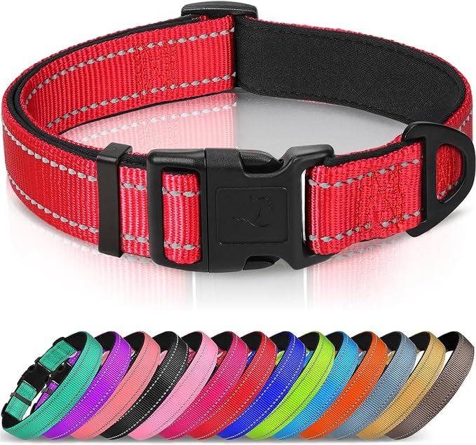Joytale Reflective Dog Collar, Adjustable Neoprene Padded, Red L | Breathable Nylon for Large Dogs, No Chafing on Walks and Outdoor Hikes, Tear-Resistant Webbing, Metal D-Ring, Night Safety by Joytale