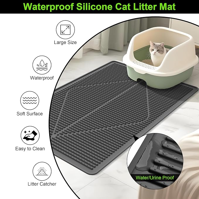 Mofason Rubber Large Cat Litter Mat - Black Silicone Kitty Litter Box Mat | Washable & Waterproof 28"x20" Silicone cat litter mat trapping catcher mat; kitty cat litter box rug catcher mat easy clean - Image 4