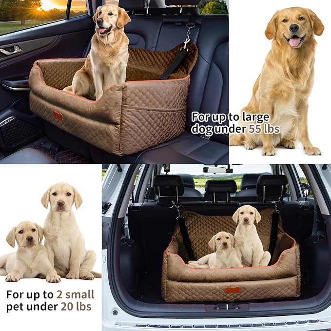 Dog Car Seat for Medium & Large Dogs Up to 55 lbs or 2 Small Dogs, Brown | Memory Foam Elevated Booster Seat with Safety Belts, 4-Inch Thick Cushion, Storage Pockets and Removable Washable Cover - Image 4