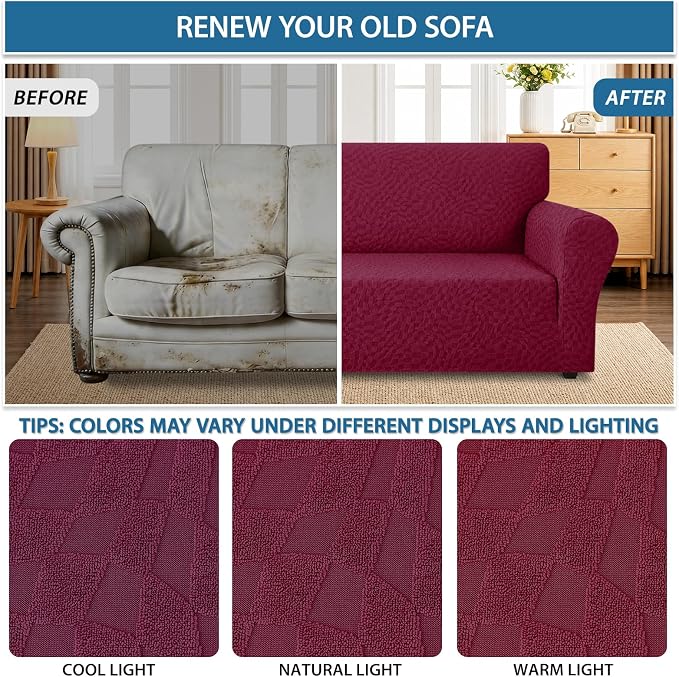 ZNSAYOTX 1 Piece Stretch Sofa Covers for 3 Cushion Couch (72"-90"), New Plaid Couch Cover with Non-Slip Buckle for Dog Pets, Ultimate Soft Cozy Washable Sofa Slipcover Form Fit Protector, Wine Red - Image 5
