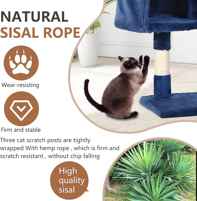 FDW | 36" Cat Tree Tower | Navy Blue | Multi-Level Indoor Activity Center with Sisal Scratching Posts, Condos, Plush Perches, Hanging Cat Toys | Sturdy, Easy to Assemble | for Kittens & Adult Cats - Image 3