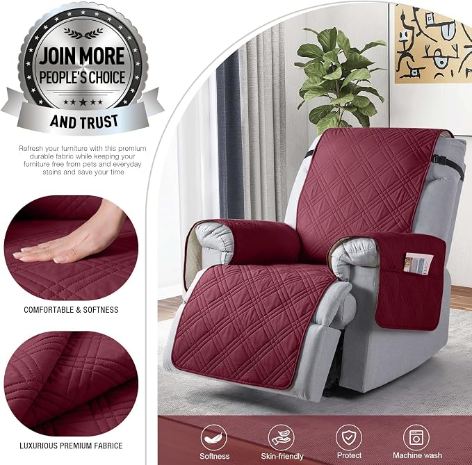 TAOCOCO 100% Waterproof Recliner Chair Cover, Non Slip Recliner Covers for Recliner Chair with Pocket, Washable Reclining Chair Cover Furniture Protector for Kids, Pets(23.6'', Wine) - Image 2