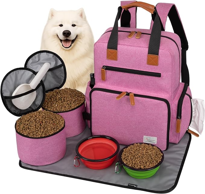 Modoker Dog Travel Backpack Set with 2 Food Bags, 2 Bowls and 1 Mat, Pink | Water-Resistant Oxford Fabric | Roomy Main Compartment | Multiple Functional Pockets | Stroller Strap | Leak-Resistant Lining by Modoker