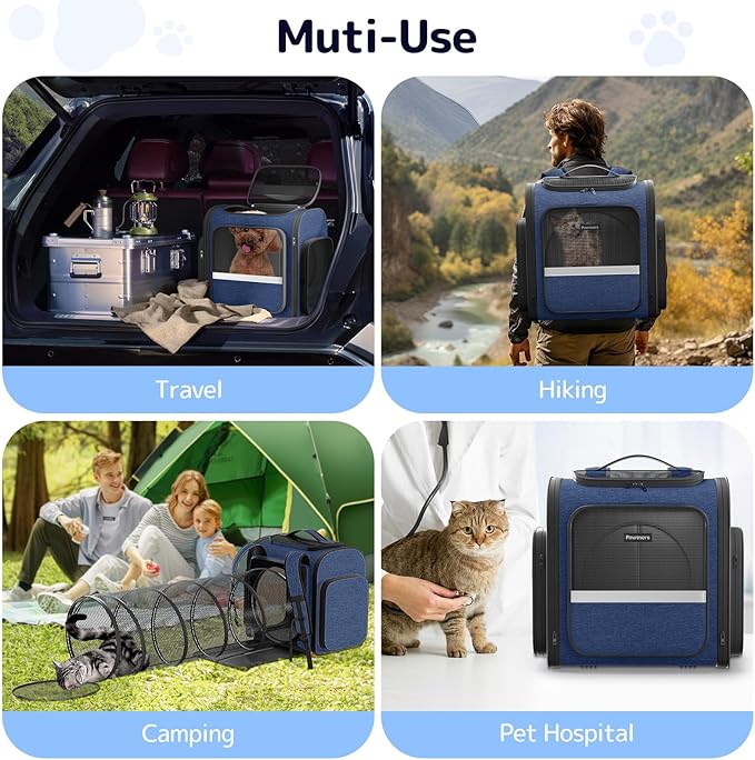 Pawtners Cat Backpack with Play Tunnel, Design for Carrying Playing Blue | Expandable, Foldable, Breathable, Large Space, Durable, Perfect for Cat Small Dog, Travel Hiking Camping Walking Car - Image 6