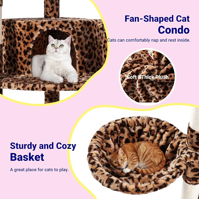 Allewie 73in Fan-Shaped Space-Saving Corner Cat Tower/Multi-Level Tall Cat Tree for Indoor Kitties/Cozy Baskets/Condos/House/Perches/Sisal Scratching Posts/Pet Activity Center/Leopard Print - Image 6