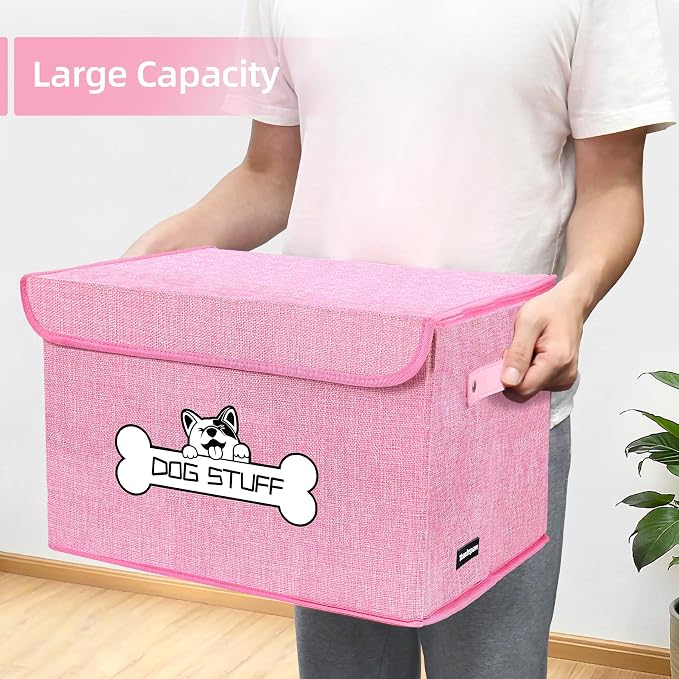 Dog Toy Basket with Lid, Collapsible Box for Pet Accessories | Storage Bin for Living Room, Fabric Container with Handle, Organizer for Small Medium dogs, Pink - Image 5