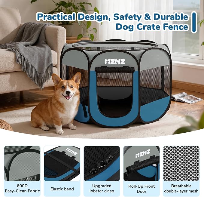 Dog Cat Small Animal Puppy Playpen Crate, Medium, Grey Blue | Portable Pop Up Pet Cage Enclosure Tent Kennel Indoor Outdoor with Carrying Case, No Assembly, Camping Use - Image 7