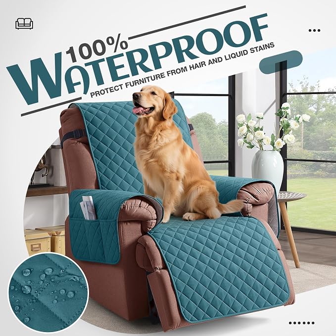 KinCam 100% Waterproof Recliner Chair Covers Washable, 23.6", Peacock Blue | Anti Slip Reclining Couch Covers for Pets Dog, Recliner Sofa Slipcover Storage Pocket, Furniture Protector with Elastic Strap - Image 3
