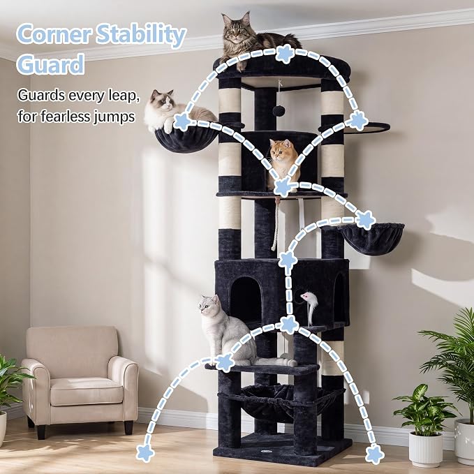 Cat Tree, 81.1" Skyward Corner Cat Tower for Large Cats VCT031G | Space-Smart Cat Furniture with Diamond Hideout, Grand Platform, Firm Base, 3 Soft Hammock & Pet Relax Station, Dark Gray - Image 8