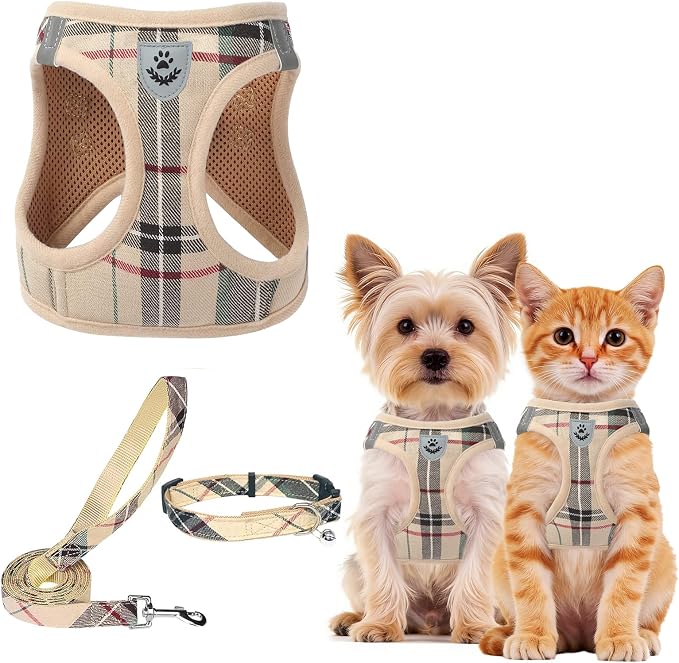 PUPTECK Adjustable Dog Harness Collar and Leash Set Step in No Pull Pet Harness for Small Medium Dogs Puppy and Cats Outdoor Walking Running, Soft Mesh Padded Reflective Vest Harnesses, Beige XS | Plaid Puppy Step-in Escape Proof Reflective No Choke Pe... by PUPTECK