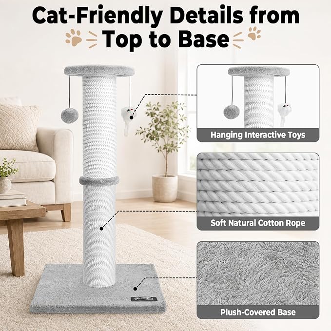 34"Tall Cat Scratching Post for Large Cats, Stable Base, Light Gray | Heavy-Duty Cat Scratcher, Extra-Tall Thick Post, Soft Natural Cotton Rope, Hanging Interactive Cat Toys, Indoor Cat Furniture - Image 4