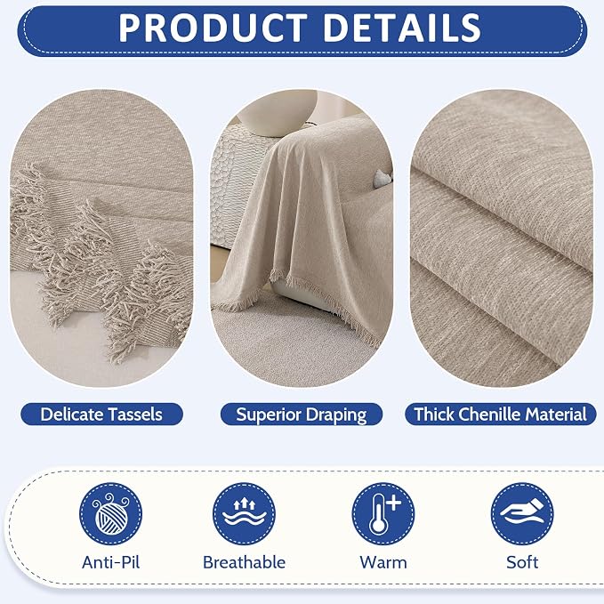 Chenille Couch Cover for Dogs Washable Boho Throw Blanket Washable | 71"×150",Khaki, Soft Chenille, Tassel Design, Pet Friendly, Furniture Protector, for Couch, Sofa, Bed, Living Room - Image 5