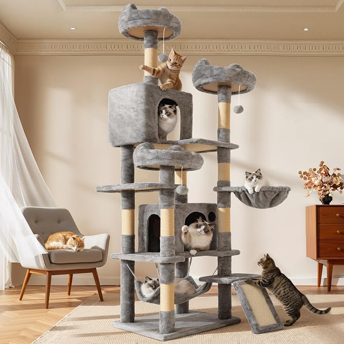 YITAHOME 75-Inch Tall Multi-Level Cat Tree Indoor | Cat Tree Tower with Condos, Top Perches, Sisal Ramp, Scratching Posts & Cozy Basket Hammocks by YITAHOME