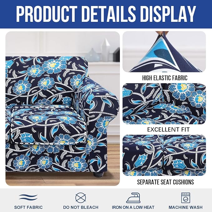 hyha Stretch Couch Cover, Sofa Covers for 2 Separate Cushion Couch Washable | Loveseat Cover, Floral Pattern, Printed, 3 Pieces, 2 Seater Furniture Protector with Elastic Bottom for Dogs, Pet Friendly - Image 4
