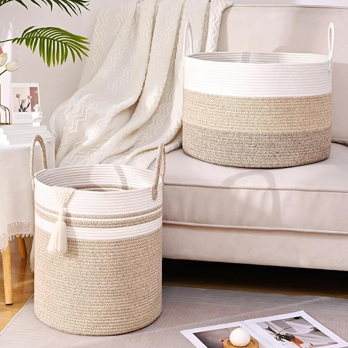 Laundry Hamper for Organizing, 52L Large Laundry Baskets, Cotton Rope Woven Blanket Basket, Collapsible Laundry Hamper for Living Room, Nursery, 15"×18", Jute - Image 2