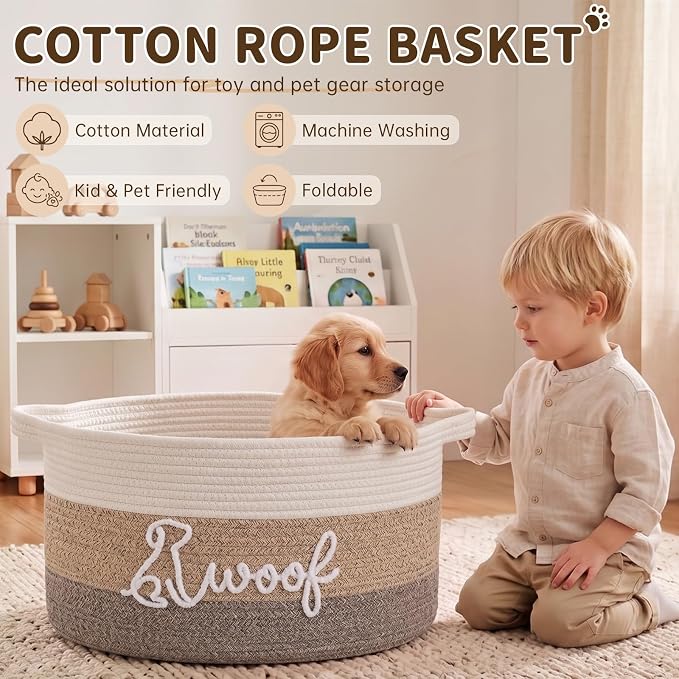 OIAHOMY 30L Large Dog Toy Basket, 17.8"×13"×10" Cotton Rope Basket with Cute Woof Embroidery, Soft Woven Pet Toy Box with Handles for Blankets, Leashes & Puppy Accessories, Decorative Organizer Brown - Image 6