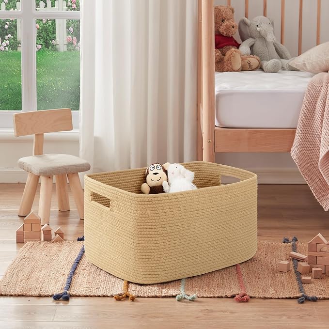 OIAHOMY 75L Large Blanket Basket, Woven Cotton Rope Baskets for Organizing 22”x17”x12”, Blanket Basket living Room, Toy Storage Bins for Nursery, Green - Image 6