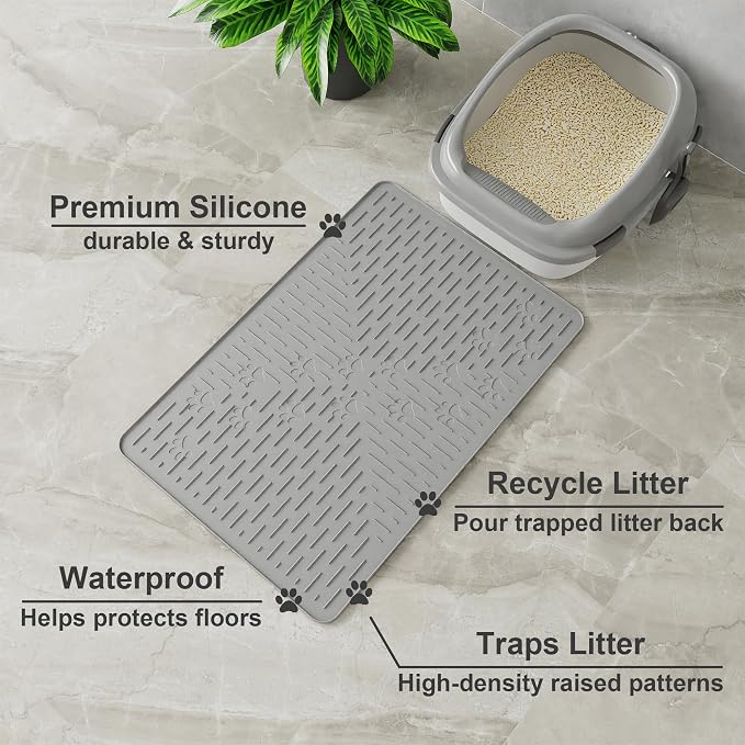 Cat Litter Mat, 23.5x16 Silicone Trapping Mat Grey | for Kitty Litter Box, Easy Clean, BPA Free Rubber, Center Litter Collection, Easy Pour-Back, Waterproof, Odor-Resistant - Image 2