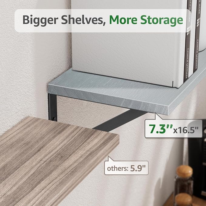 Wall Shelves 7.3" Deep Solid Paulownia Wood (Grey, Set of 3) | 15mm Thick, Wider & Longer & Stronger, Easy to Install, Floating Shelf for Room Wall, Bedroom, Office, Decor & Storage - Image 5