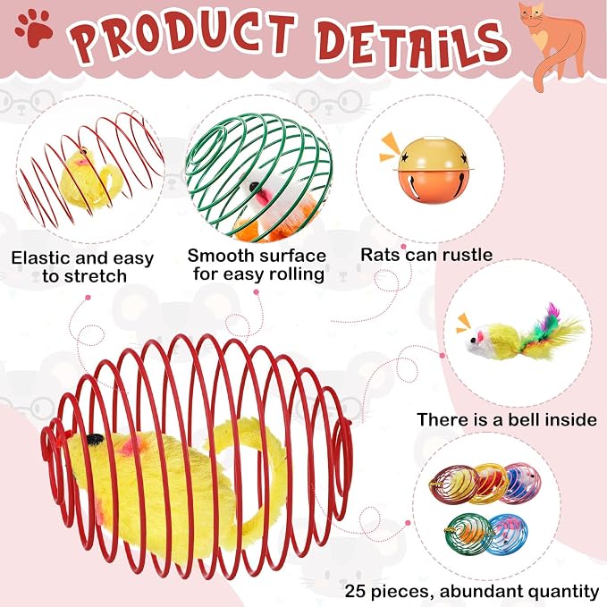 Jecery 25 Pcs Cat Toys Spring,Mouse and Bell,Colorful | Interactive Metal Cat Toy, Stretchable Rolling Ball, for Indoor Cats, Colorful Playful Coils, Kitten Pet Supplies - Image 3