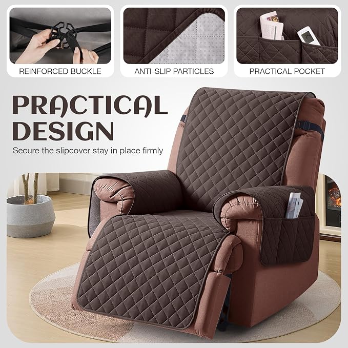 KinCam 100% Waterproof Recliner Chair Covers Washable, 25", Chocolate | Anti Slip Reclining Couch Covers for Pets Dog, Recliner Sofa Slipcover Storage Pocket, Furniture Protector with Elastic Strap - Image 5