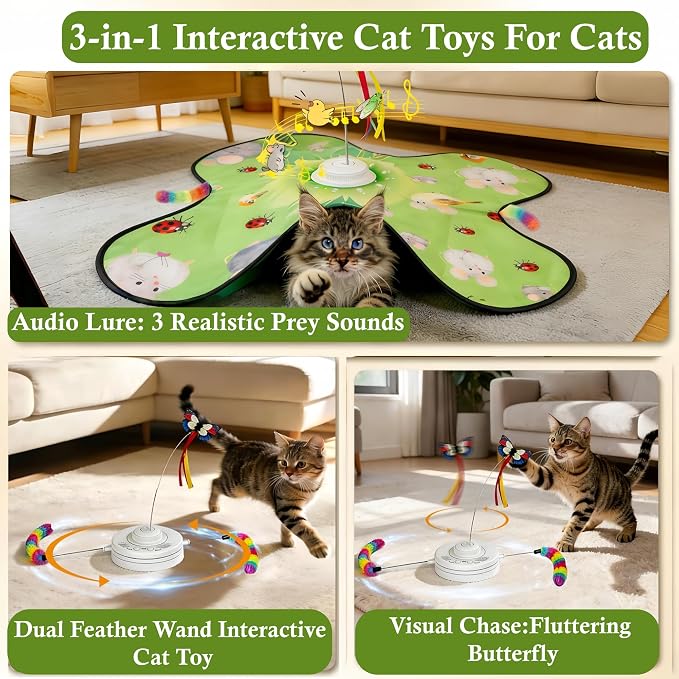 Interactive Cat Toys for Kitten & Adult Cats 3-in-1 Touch Activated | Rechargeable Motorized Cat Toy, Electronic & Automatic, Fluttering Butterfly, Moving Concealed Feathers, 3 Prey Sounds - Image 2