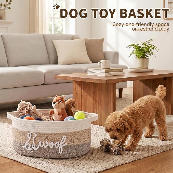 OIAHOMY 14L Large Dog Toy Basket, 16.1"x9.5"x7" Cotton Rope Basket with Cute Woof Embroidery, Soft Woven Pet Toy Box with Handles for Blankets, Leashes & Puppy Accessories, Decorative Organizer Brown - Image 2