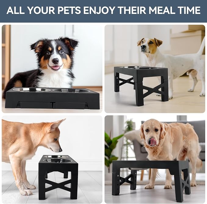 PAWISE Elevated Dog Bowls, 5 Height Adjustable Raised Dog Bowl Stand with 1 Slow Feeder Bowl & 2 Stainless Steel Bowls, Non-Slip Dog Feeding Station for Large, Medium, Small Dogs and Cats, Black - Image 3
